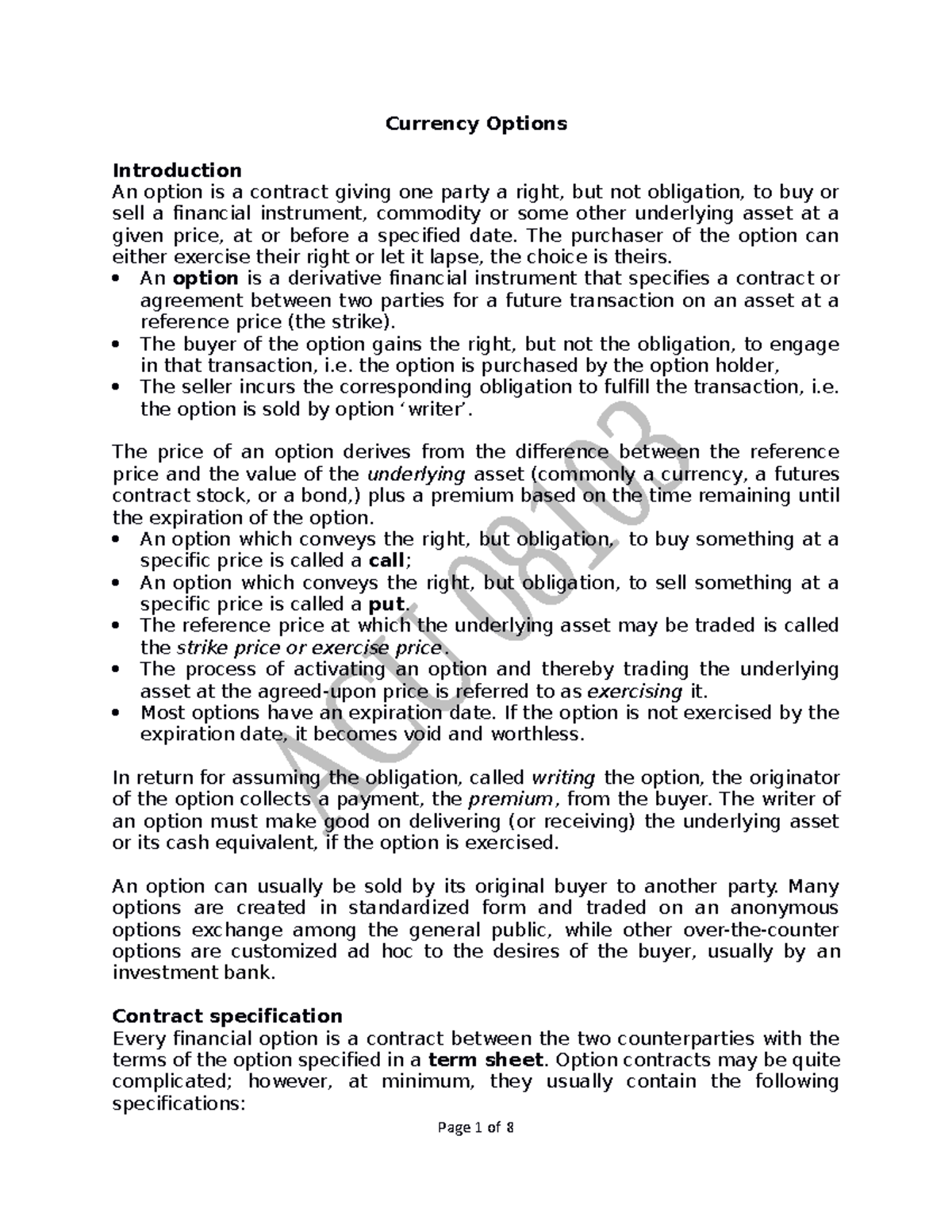 International Finance Notes 5: Currency Options and Contract Specs ...
