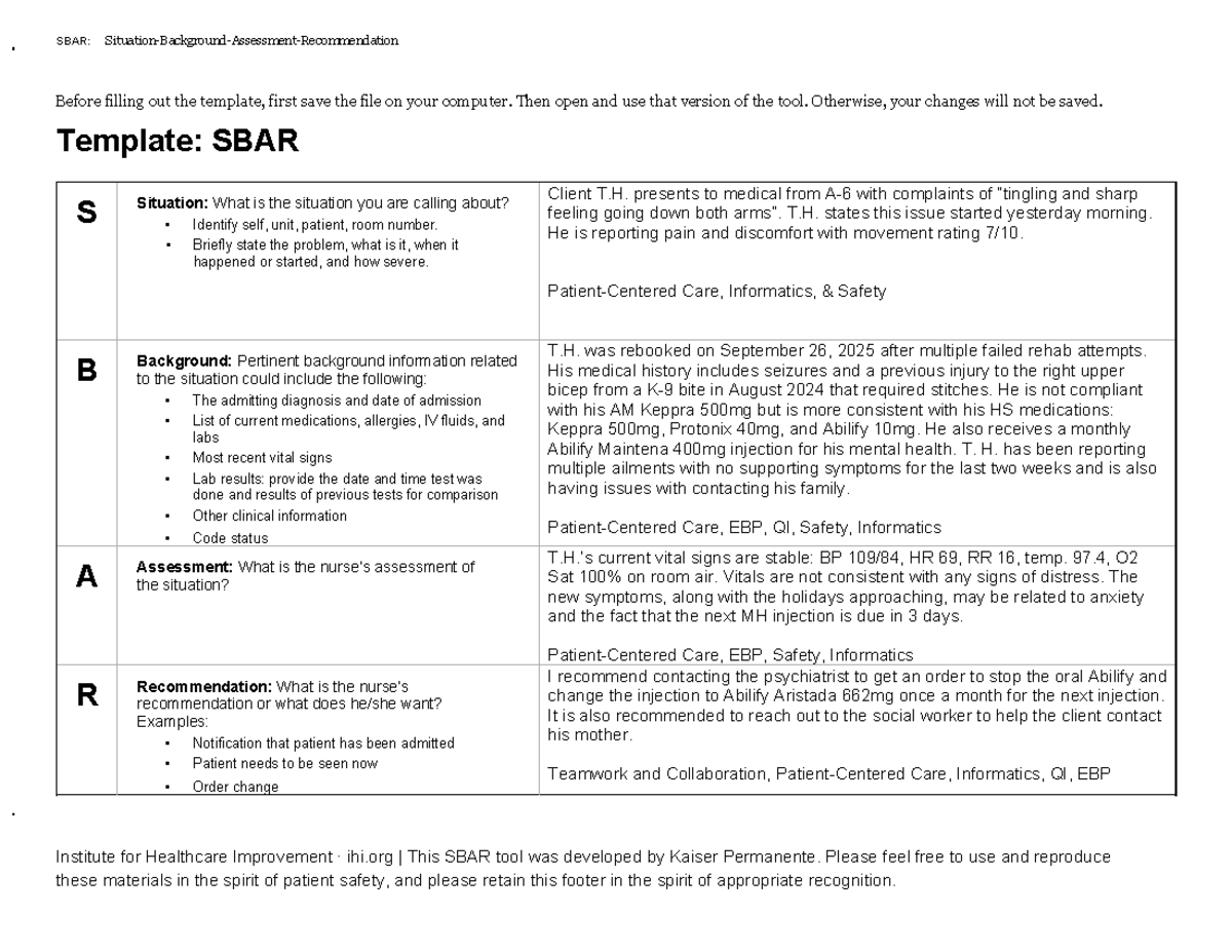 SBAR Worksheet - Patient Assessment & Recommendations (SBAR Assignment ...