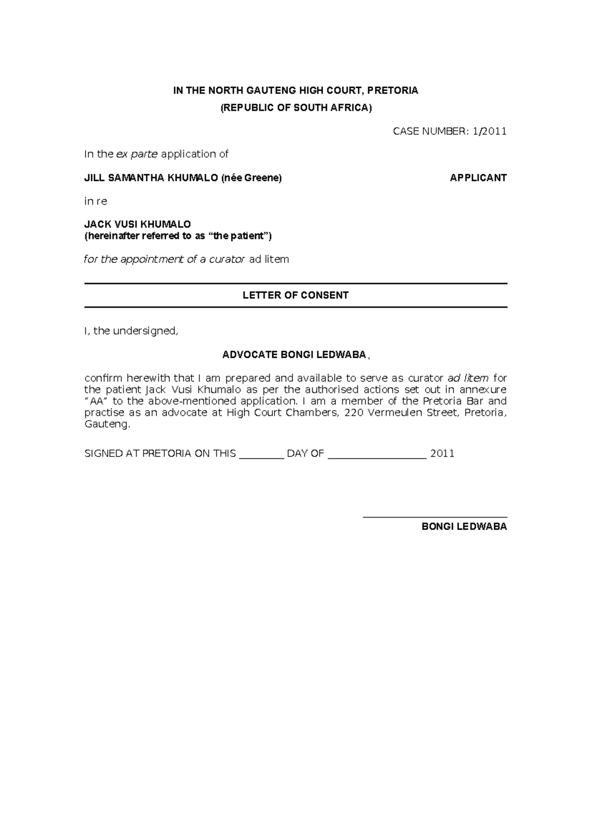 PP HC1.5 Letter of Consent for Curator ad Litem Appointment - Studocu