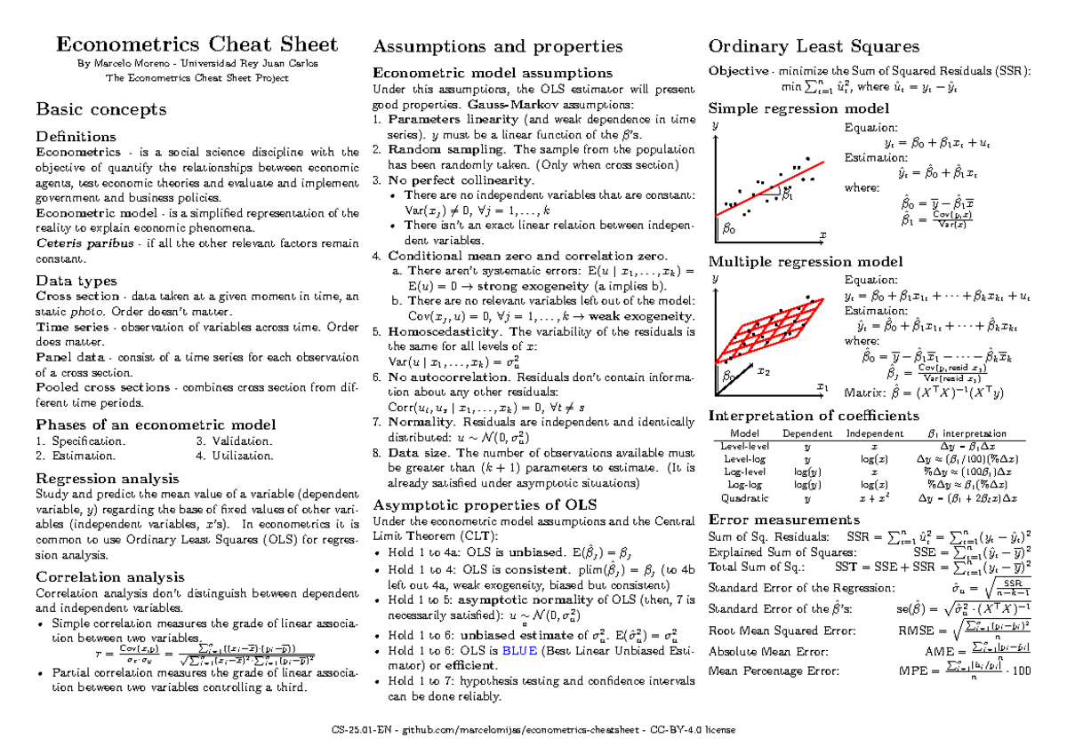 Econometrics Cheat Sheet: OLS Assumptions & Properties (ECO 101) - Studocu