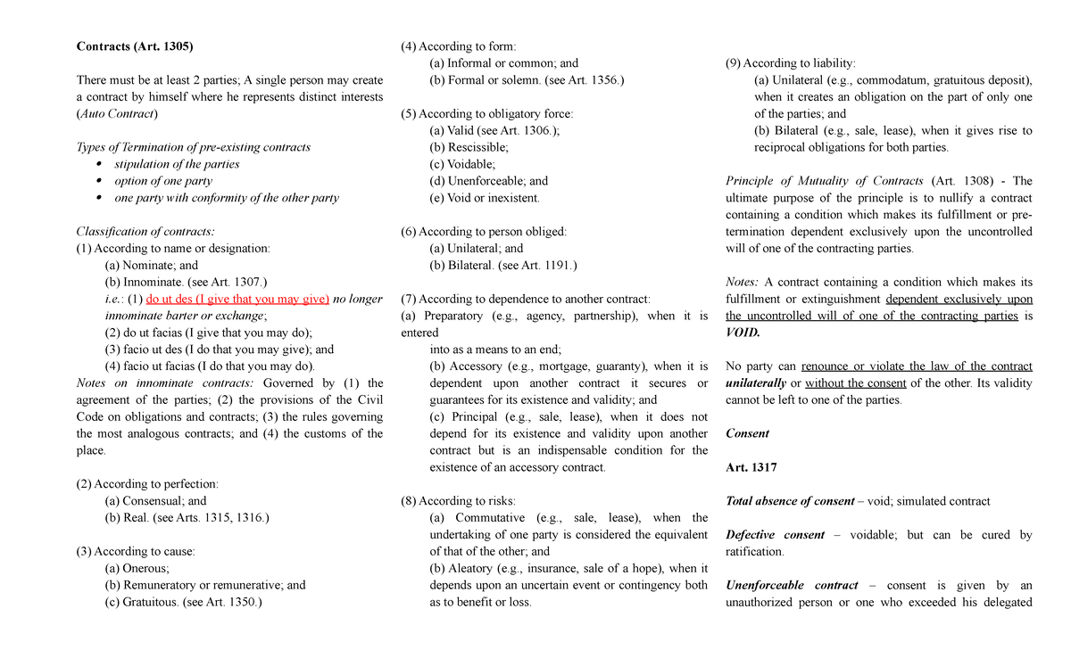 Contracts Notes (Art. 1305) - Types, Validity, and Termination - Studocu