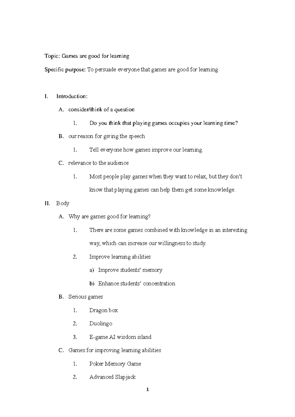 ENG101: Speech Outline - Games as Educational Tools for Learning - Studocu