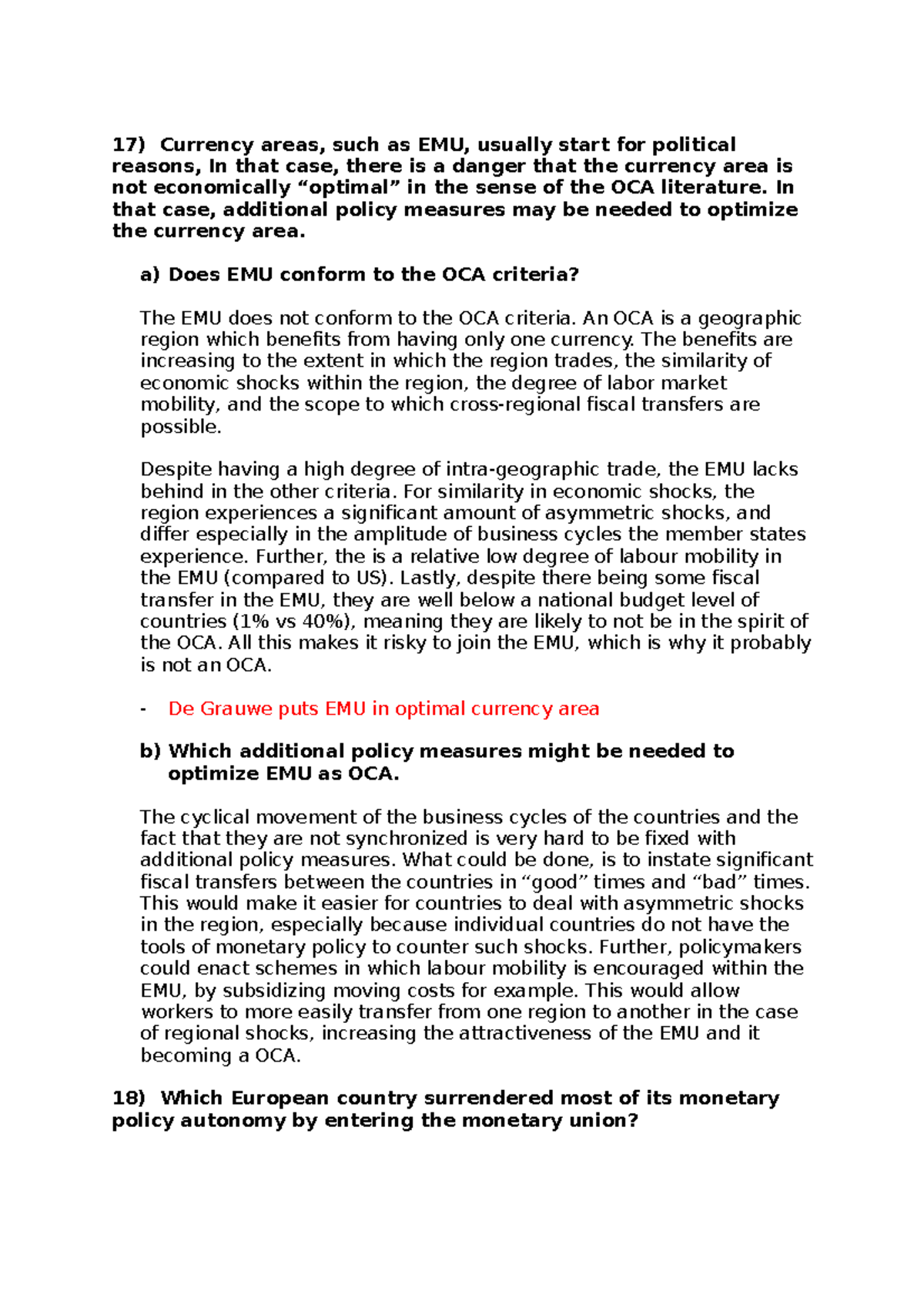 Final Exam Sample Questions for OCA and EMU Analysis (ECO 202 ...