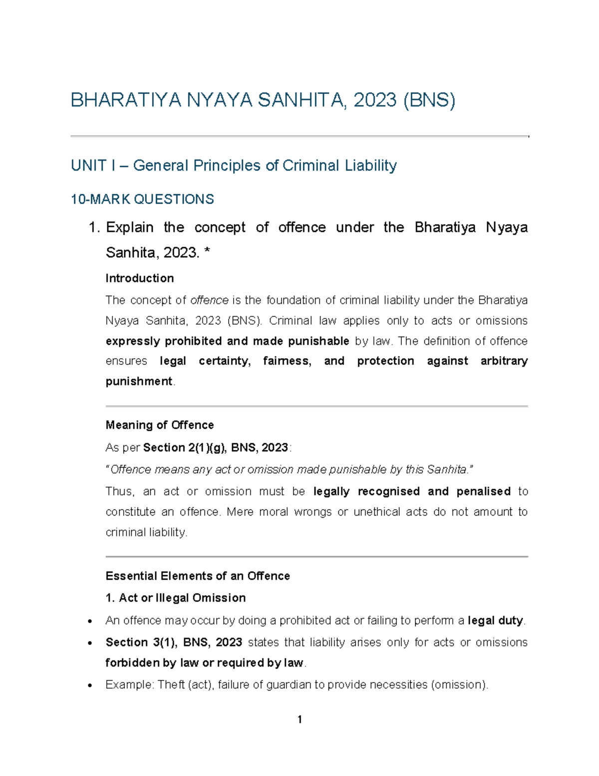BNS 2023 Unit I: General Principles of Criminal Liability Explained ...