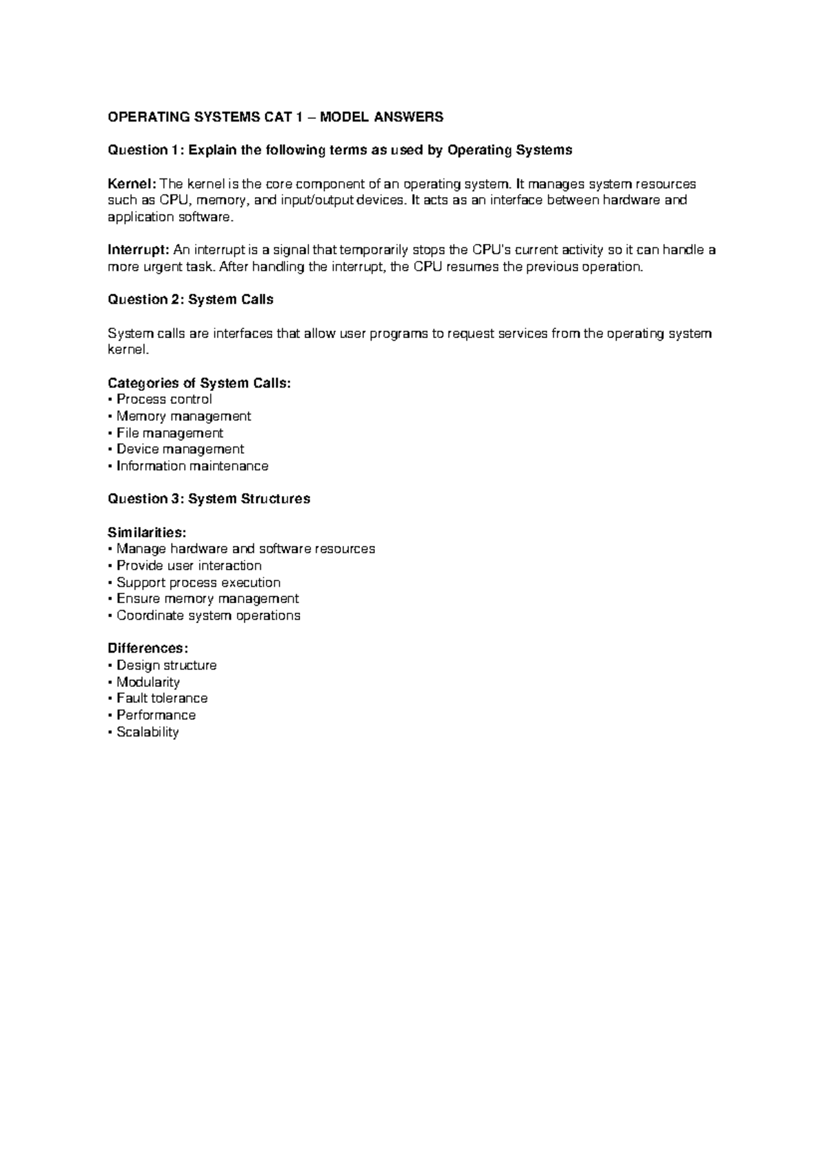 Operating Systems CAT 1 Model Answers and Explanations - Studocu