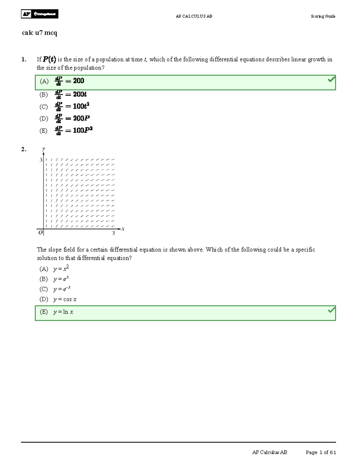 AP CALCULUS AB Unit 7 MCQ Scoring Guide - Studocu