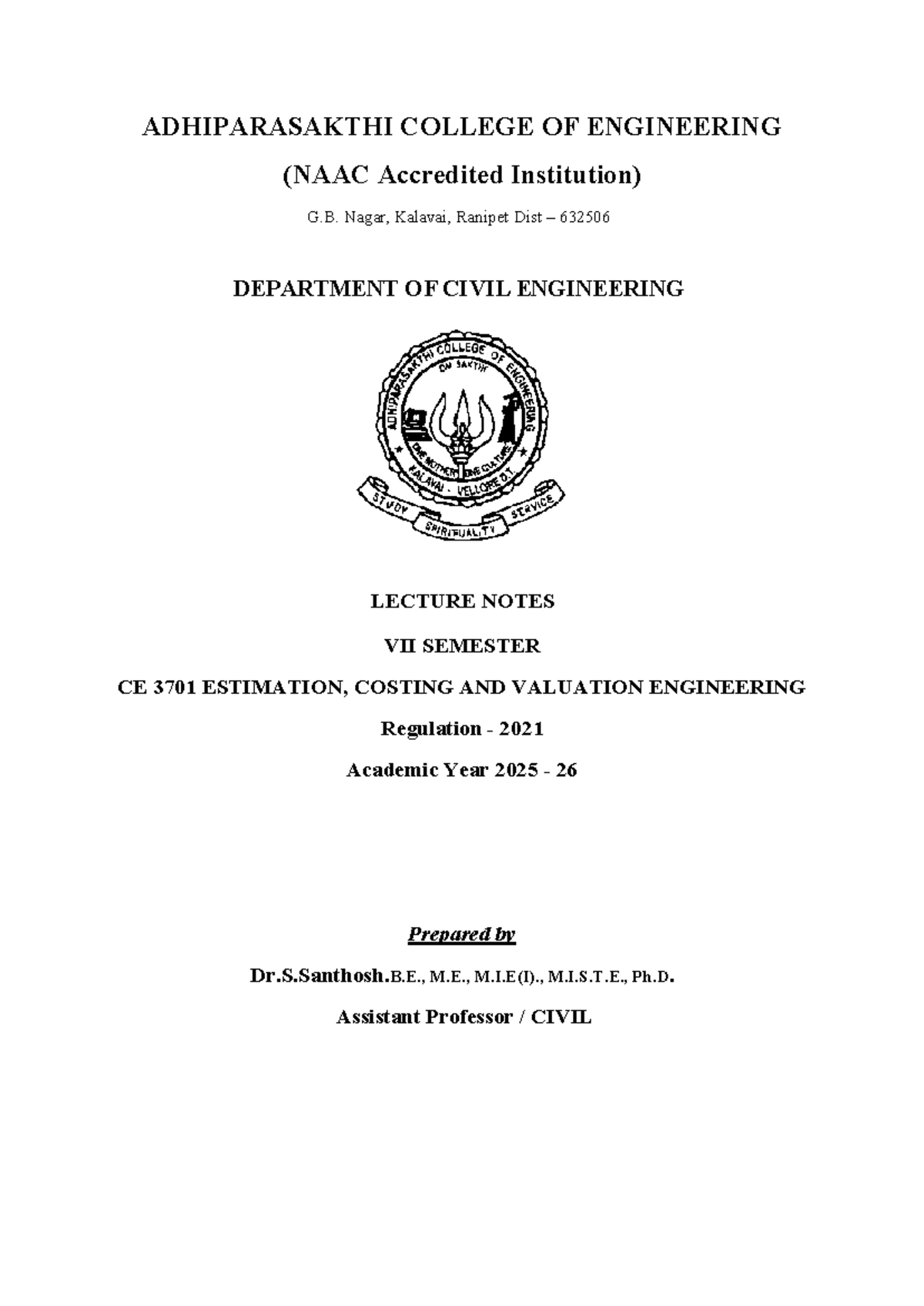 CE3701 Estimation, Costing & Valuation Engineering Lecture Notes - Studocu