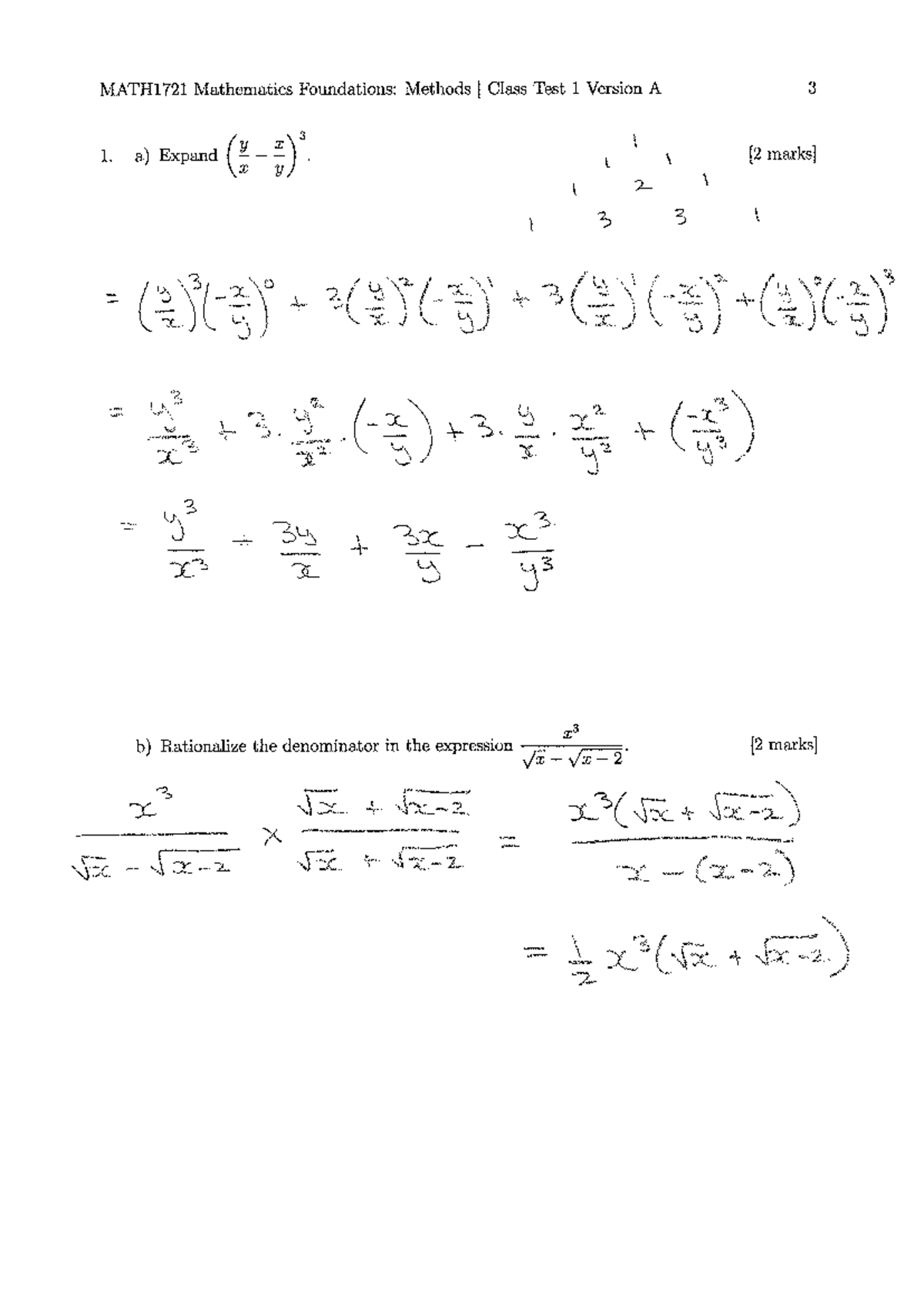 MATH1721 Class Test 1 Version A Solutions & Explanations - Studocu