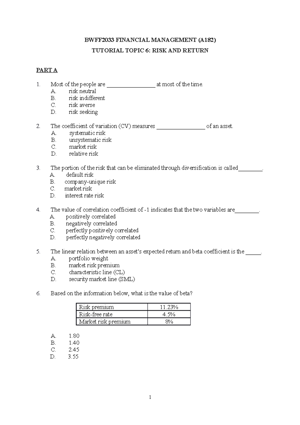 BWFF2033 A182 Tutorial Topic 6: Risk & Return Analysis and Exercises ...
