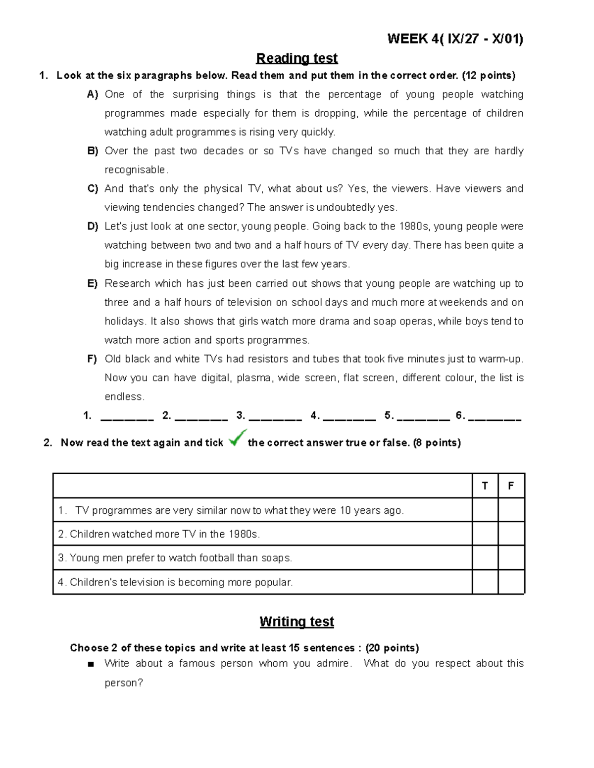 10th Grade WEEK 4 reading and writing test preparation notes - Studocu