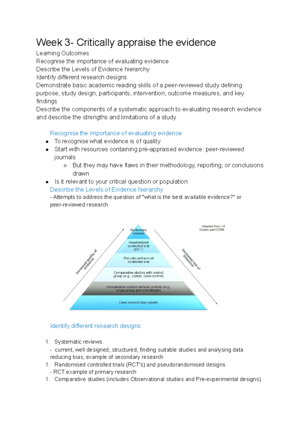 Week 3 - Critical Appraisal of Evidence and Research Designs - Studocu