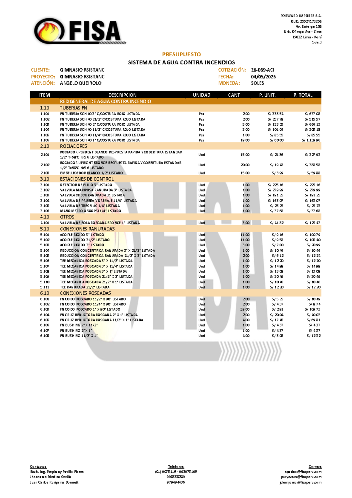 Presupuesto Sistema de Agua Contra Incendios - Gimnasio RSISTANC - Document Preview