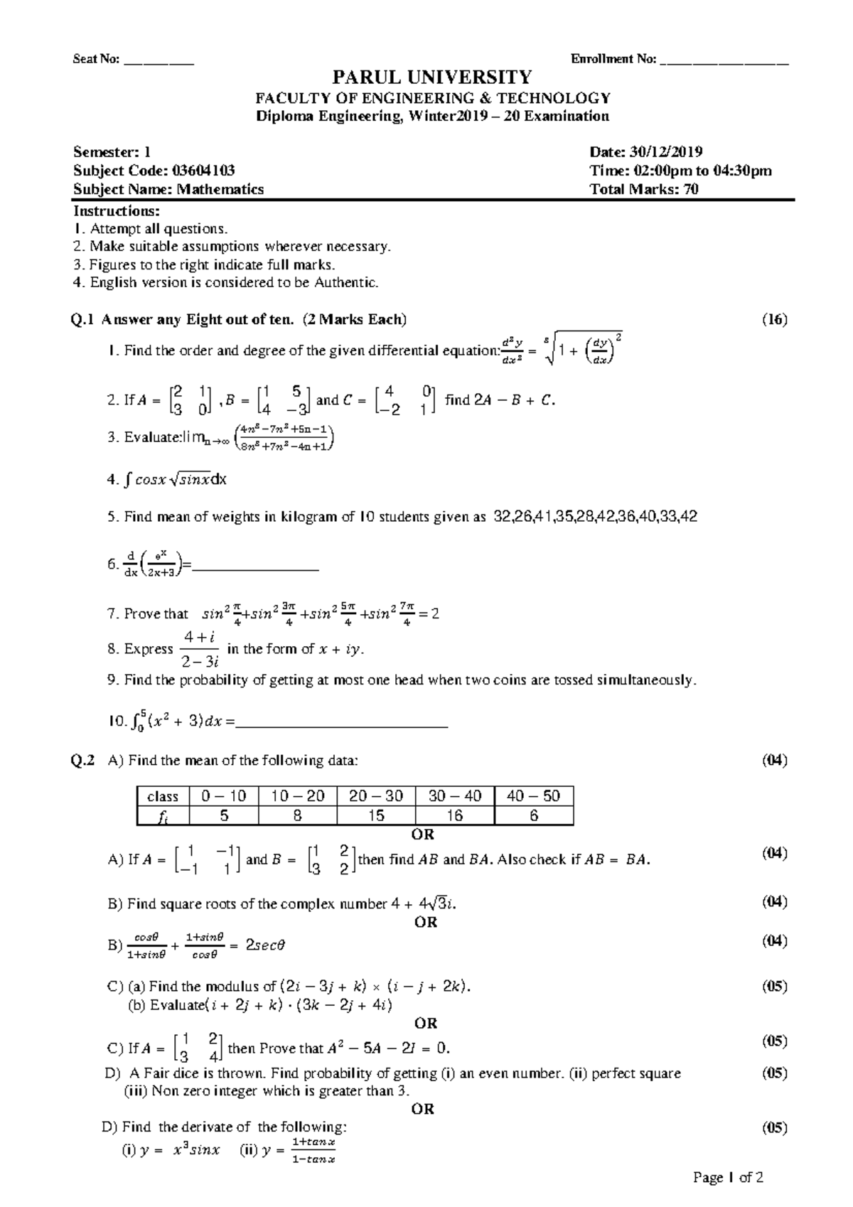 03604103 Mathematics - Math paper - Page 1 of 2 Seat No ...