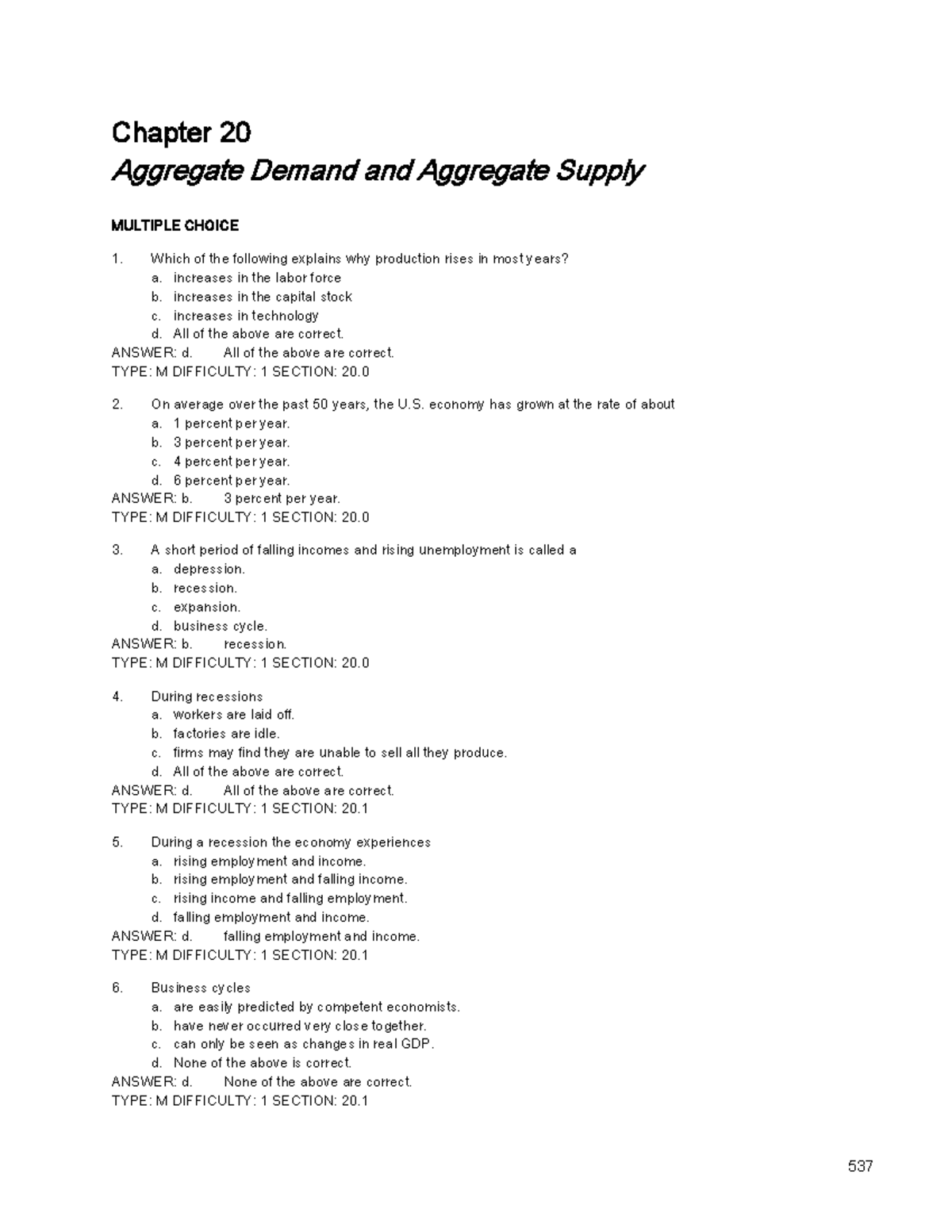 Chapter 20: Aggregate Demand and Supply - Multiple Choice Questions ...