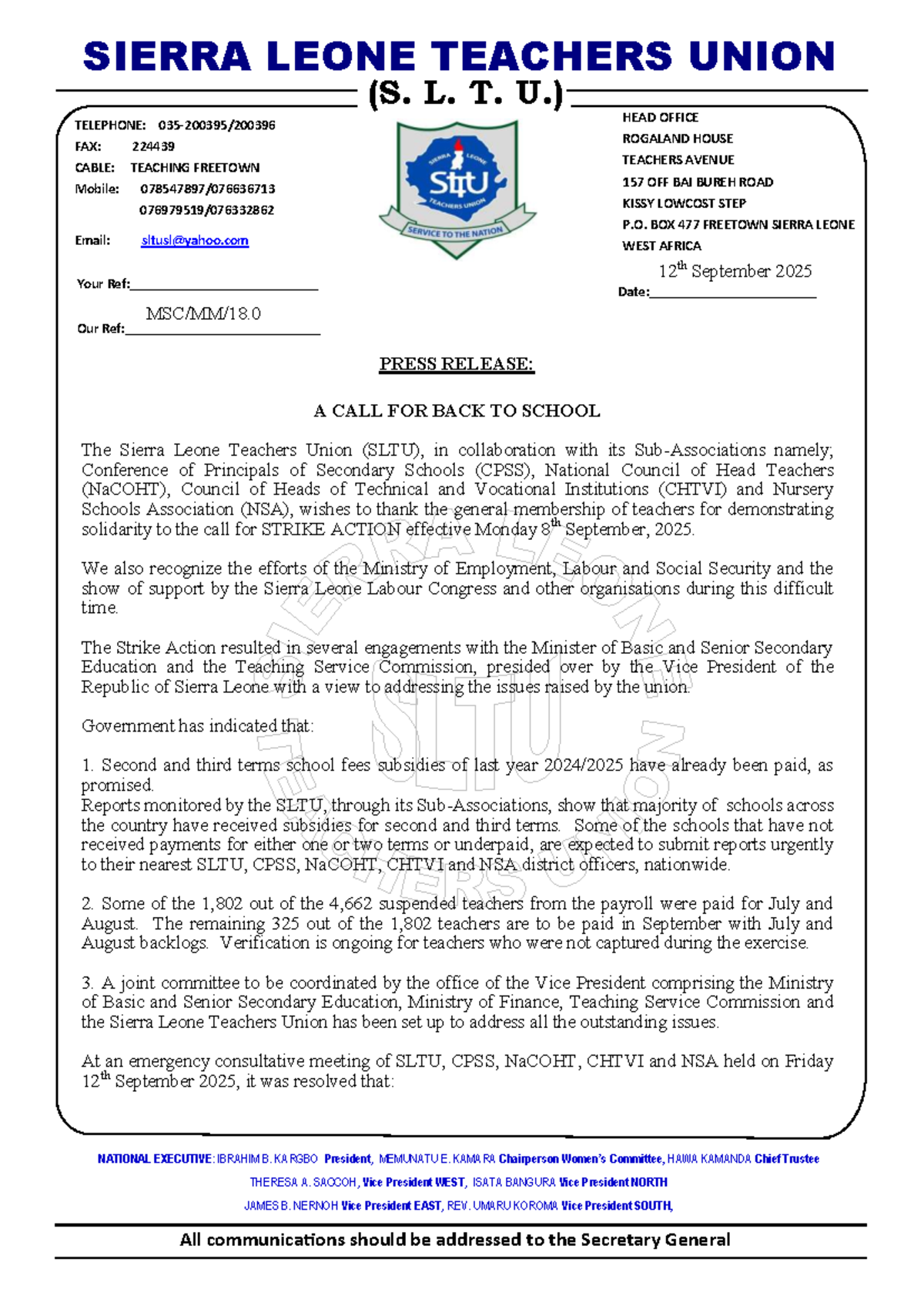 SLTU Press Release: Call for Back to School (Sept 2025) - Studocu