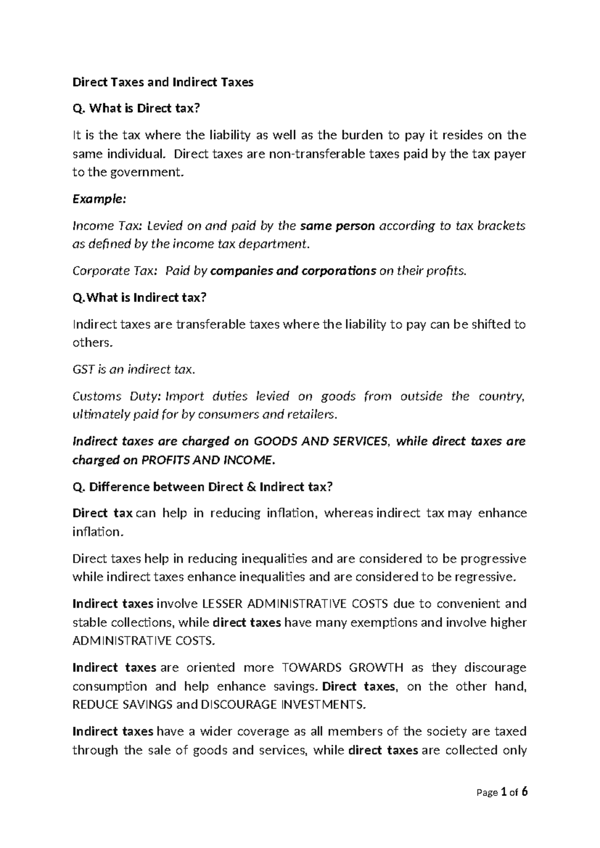 Class Notes 1 - Direct Taxes and Indirect Taxes Q. What is Direct tax ...