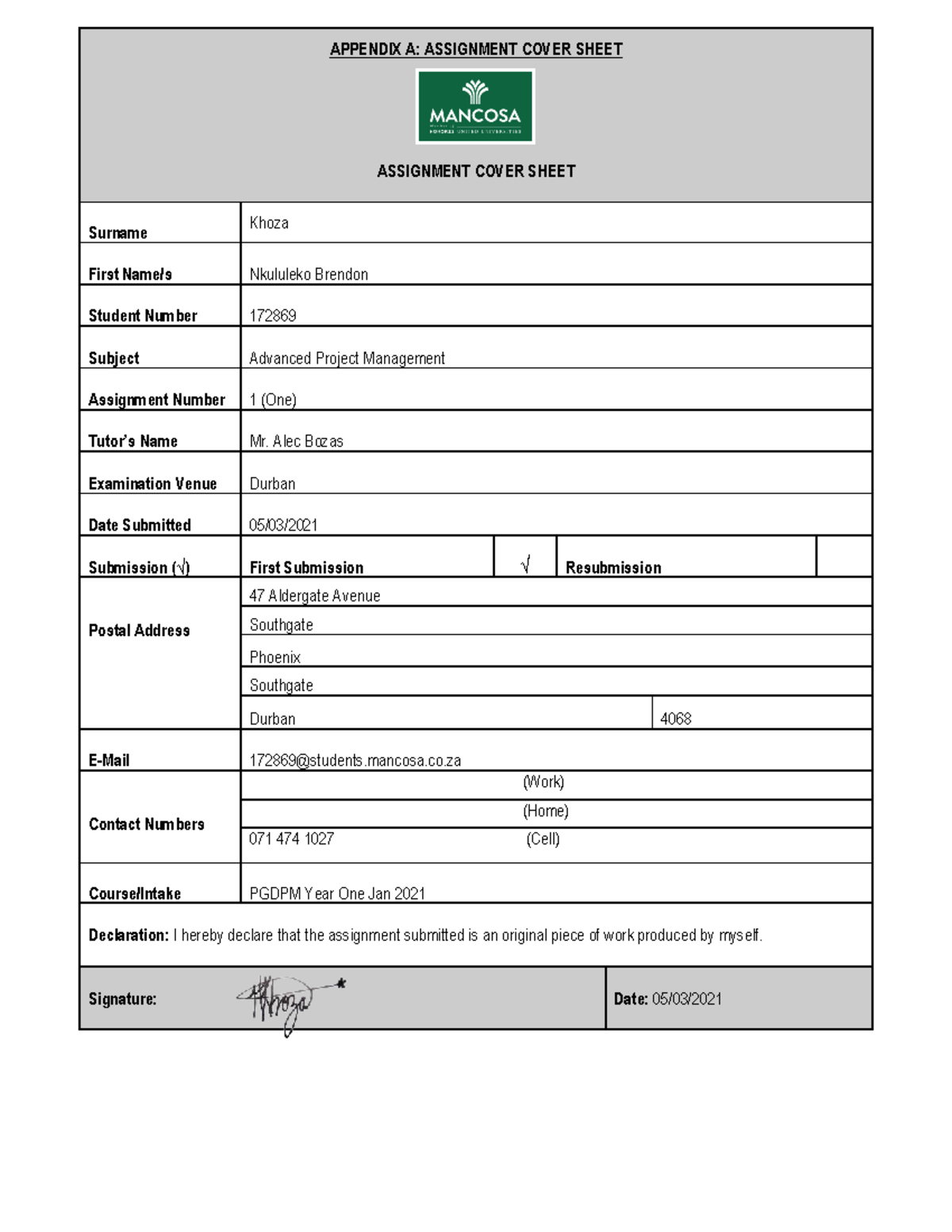 172869 - Advanced Project Management: Assignment 1 Overview and ...