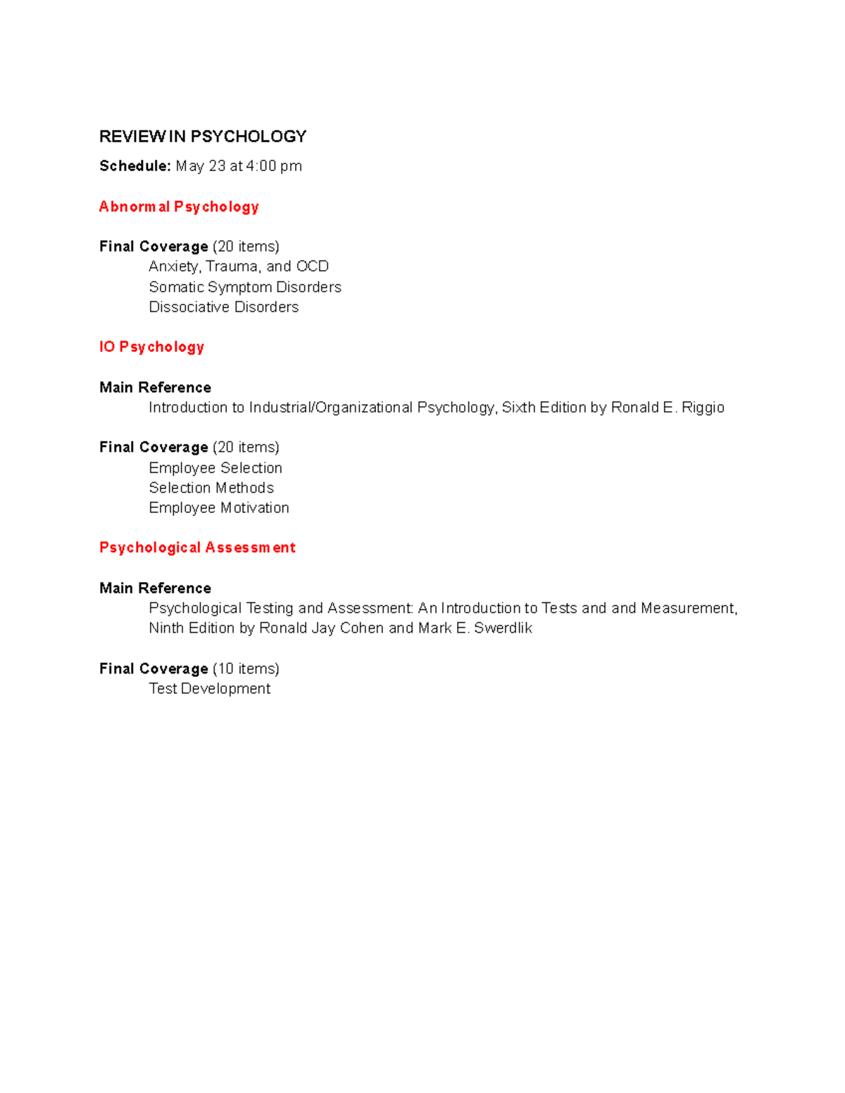 Psychology 101: Final Exam Review on Abnormal Psychology and IO ...