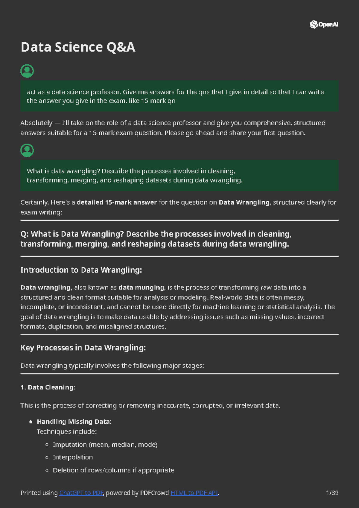 Data Science Q&A: Data Wrangling Techniques and Missing Data Handling ...