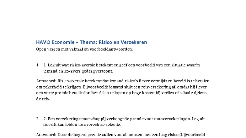 HAVO Economie SO 5: Risico en Verzekeren - Open Vragen en Antwoorden ...