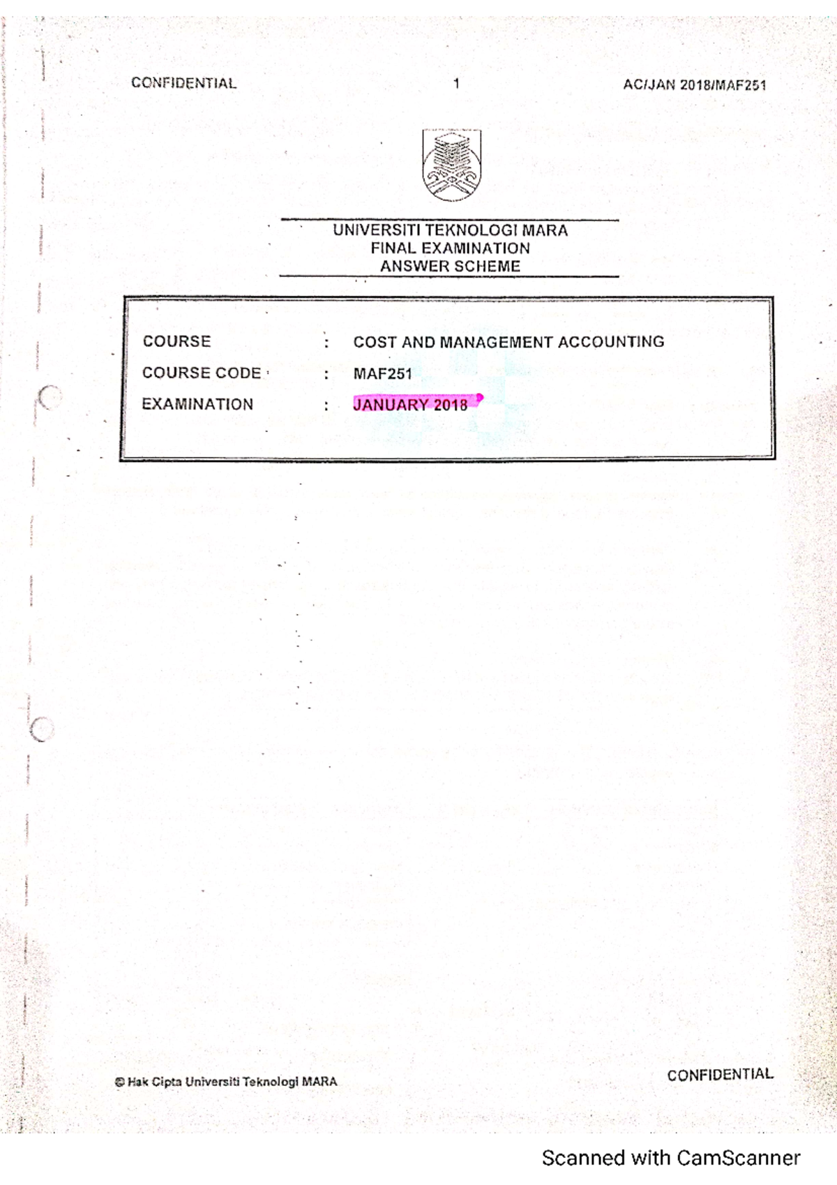 MAF251 JAN18 SS - Cost and Management accounting - Studocu