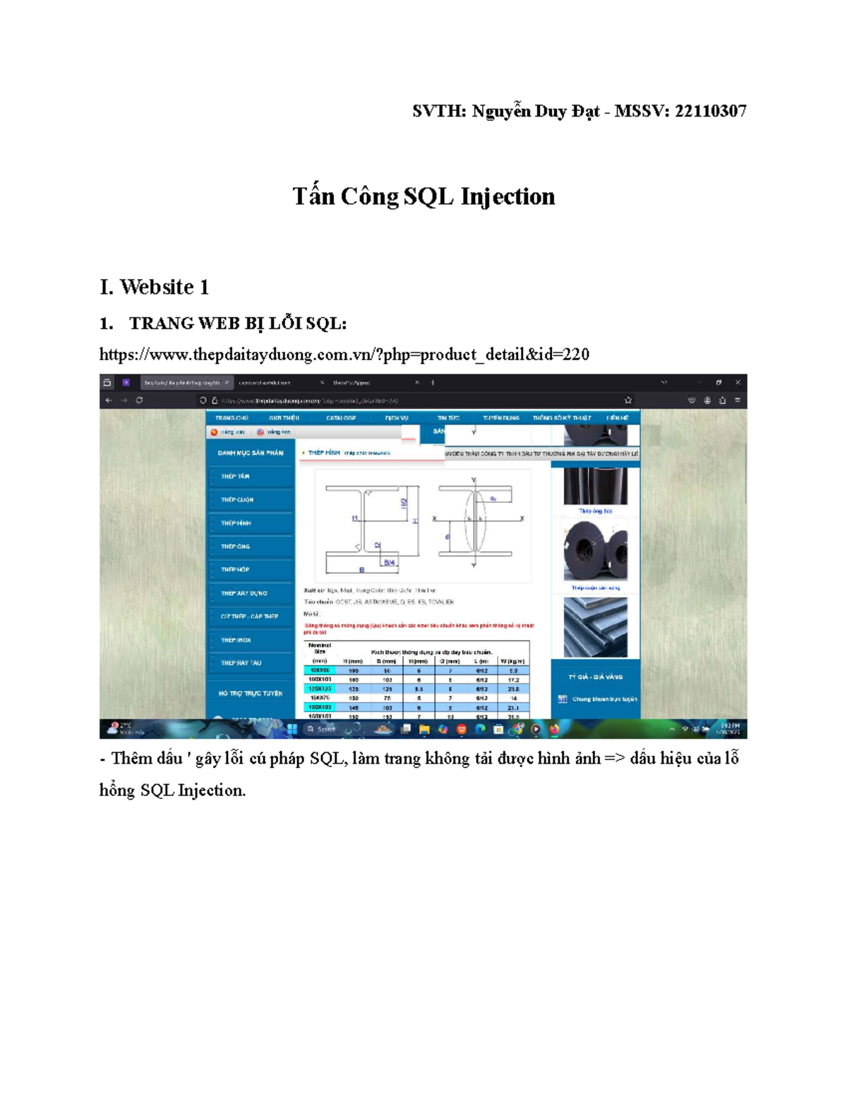 SVTH: Nguyễn Duy Đạt MSSV: 22110307 SQL Injection Analysis - Studocu