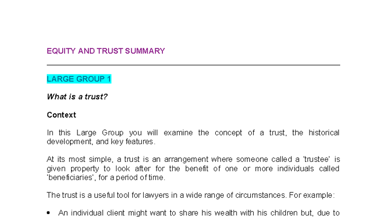 EQUITY AND TRUSTS SUMMARY: LARGE GROUP 1 OVERVIEW - Studocu