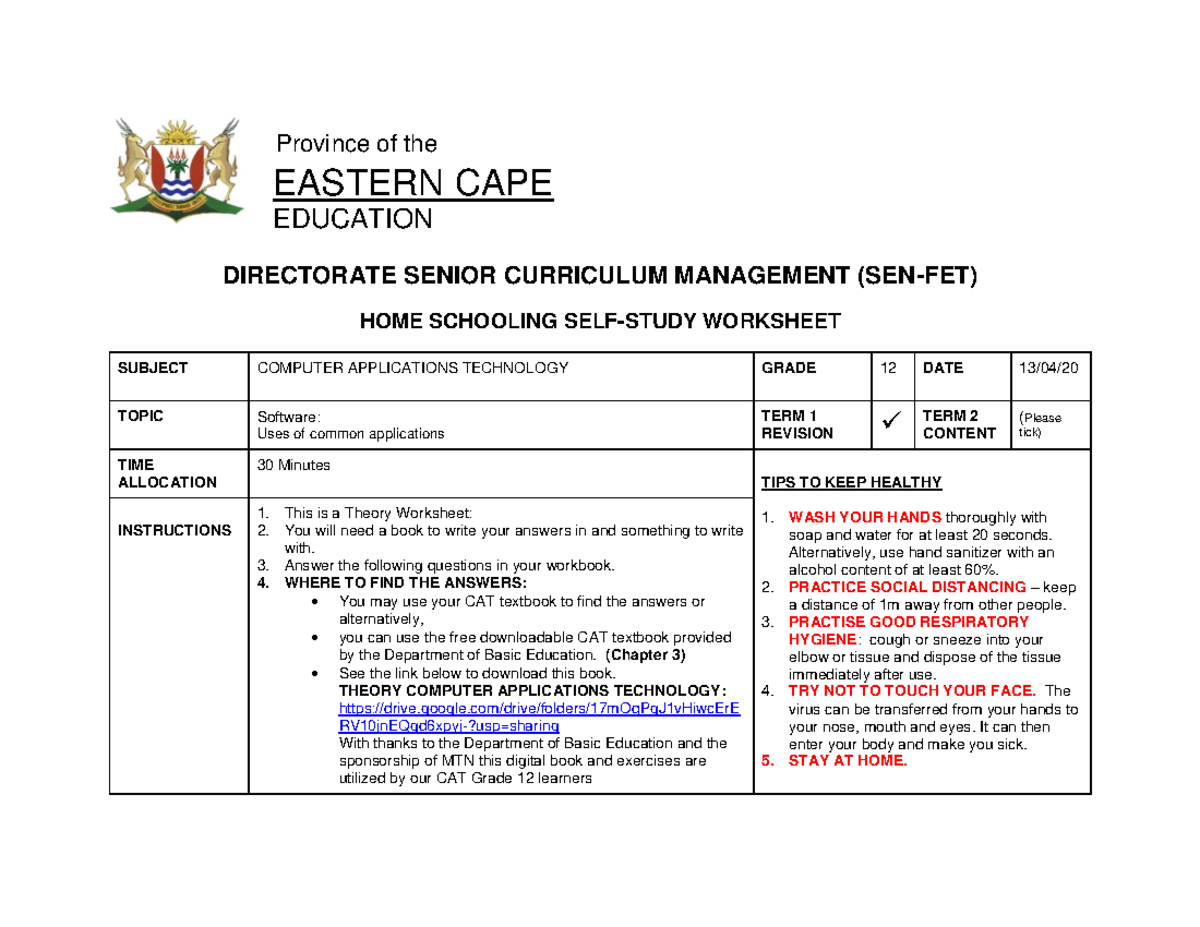 CAT Grade 12 Worksheet 9: Software & Common Applications - Studocu