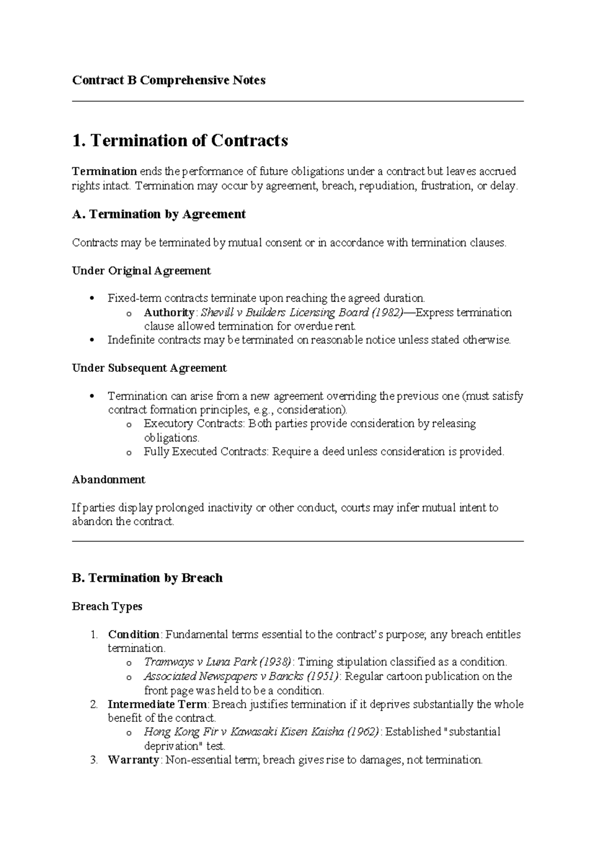 Contract B Comprehensive Notes - Termination of Contracts Termination ...