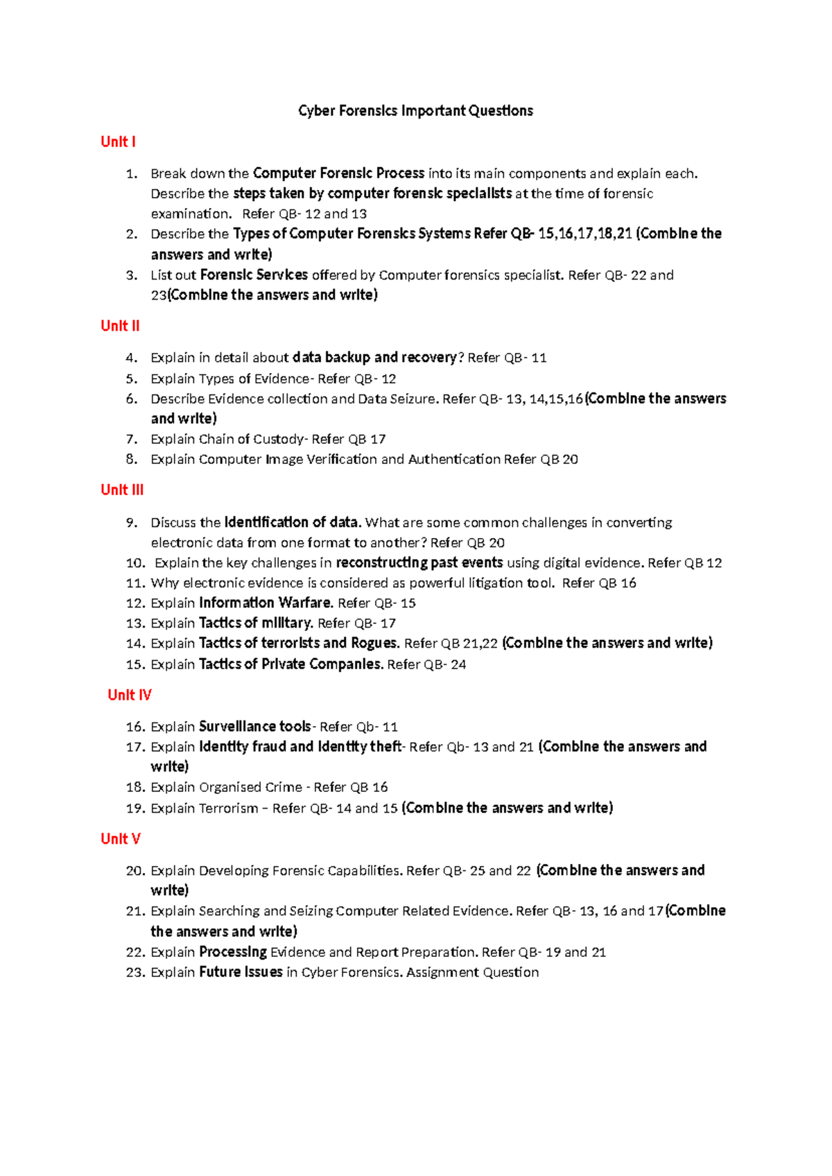 Cyber Forensics Important Questions - Unit I to V Overview - Studocu
