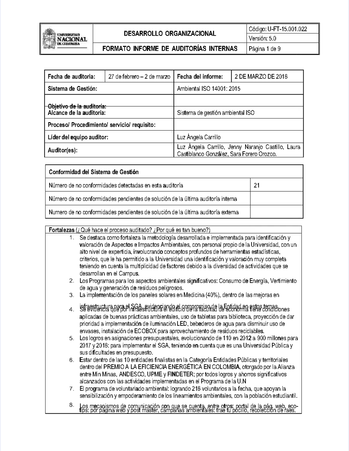 Informe de Auditoría Interna Ambiental ISO 14001:2015 - Versión 5.0 ...