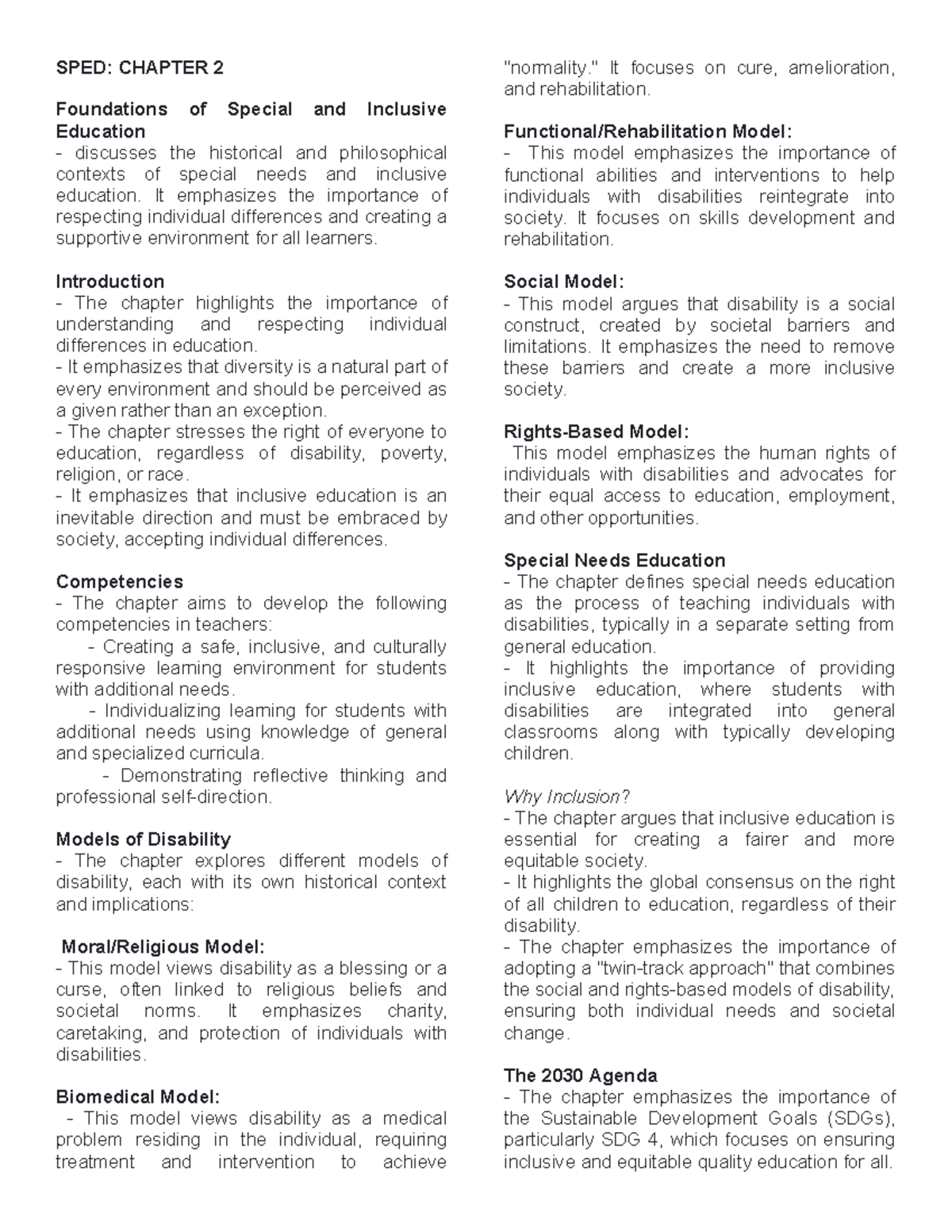 SPED: Chapter 2 - Foundations of Special & Inclusive Education - Studocu