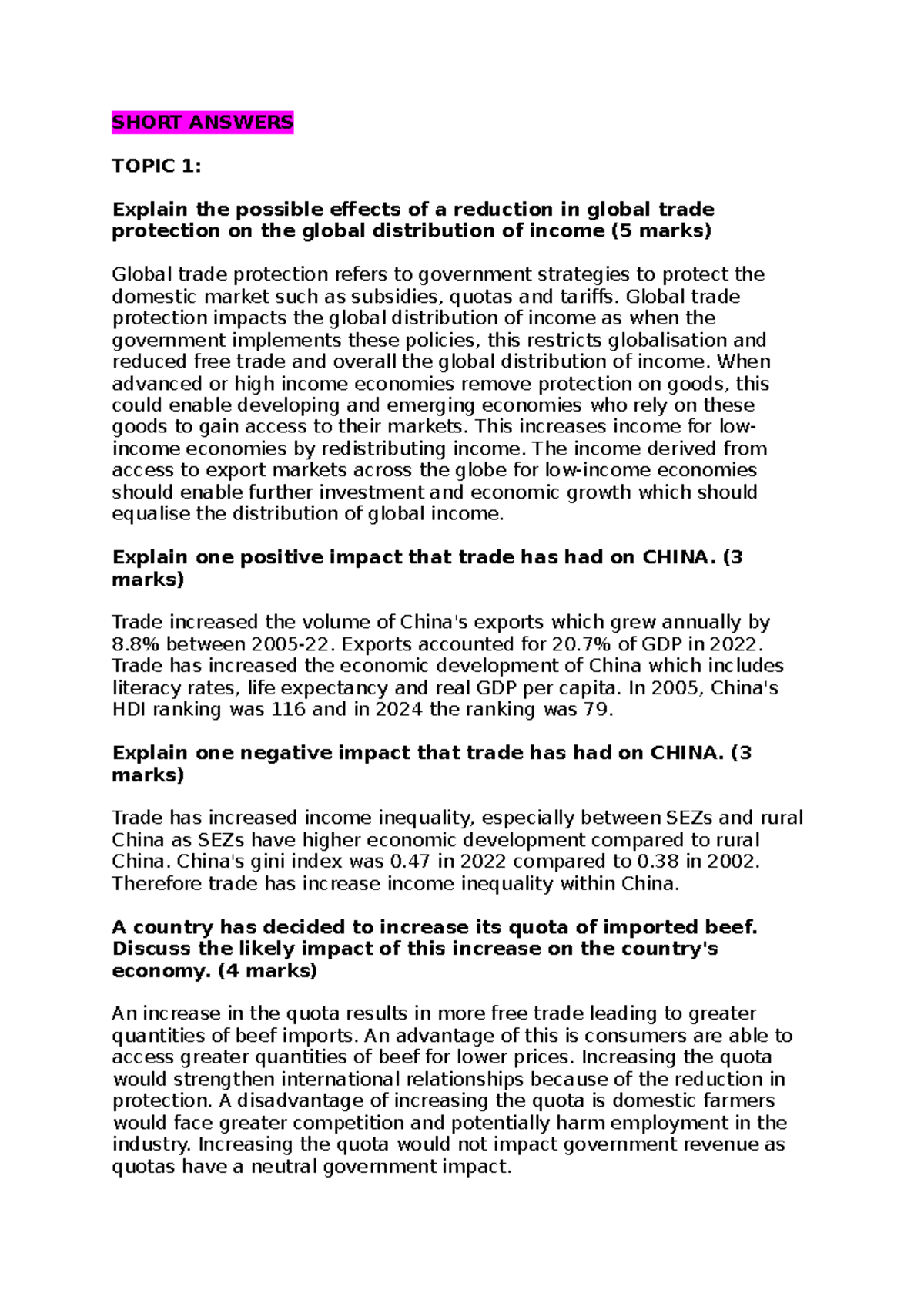 ECON 101: Short Answer Responses on Trade and Economic Impact - Studocu