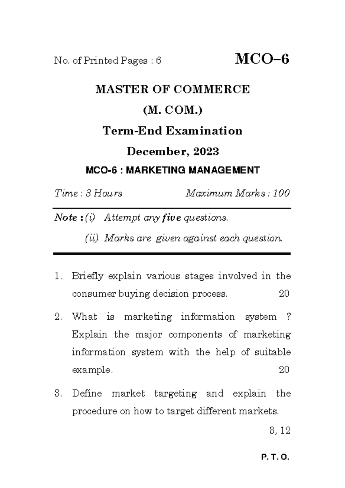 MCO-6 December 2023 Exam: Marketing Management Questions and Notes ...