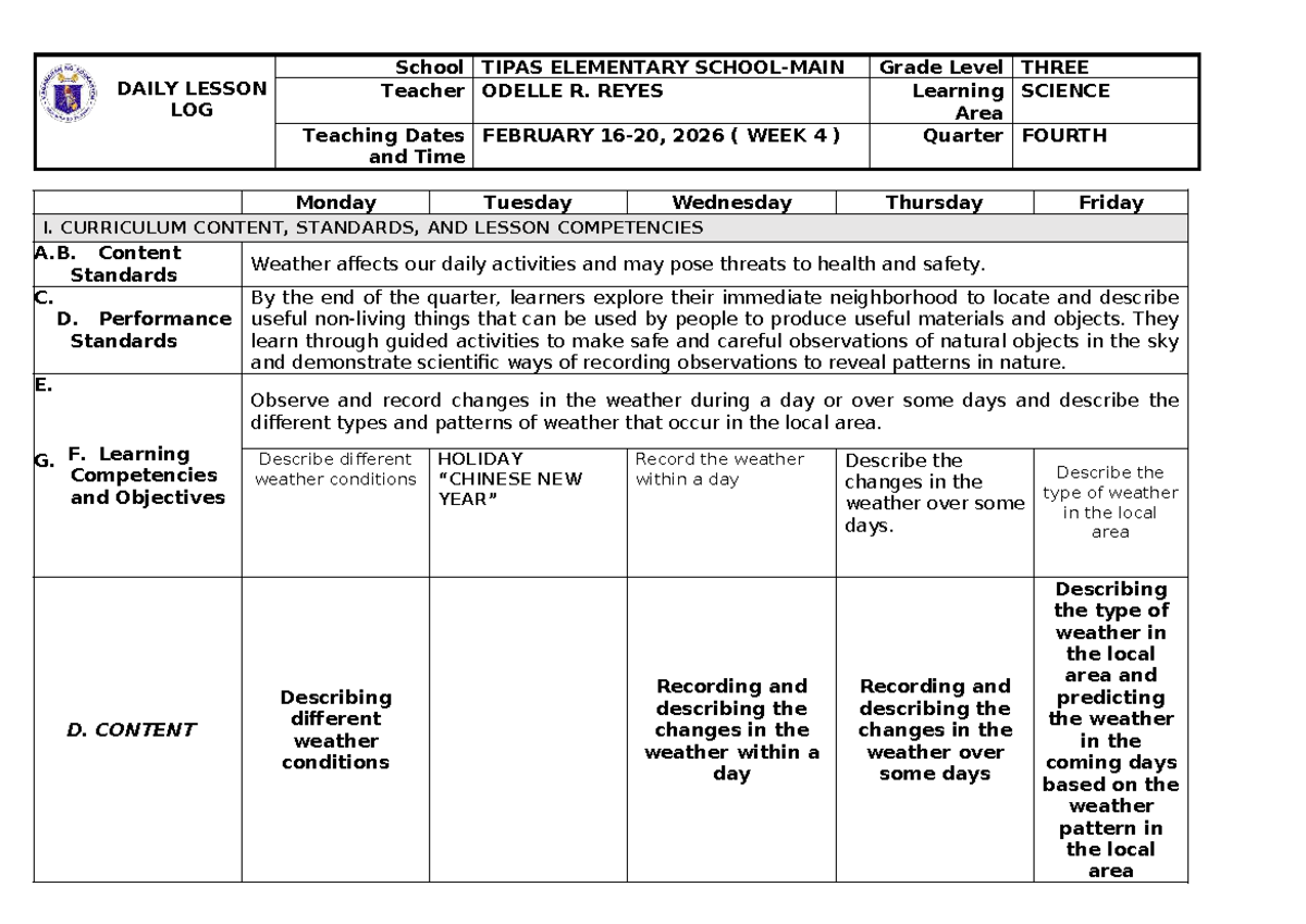 Science DLL Week 4 - Quarter 4 Lesson Plan for Grade 3 - Studocu