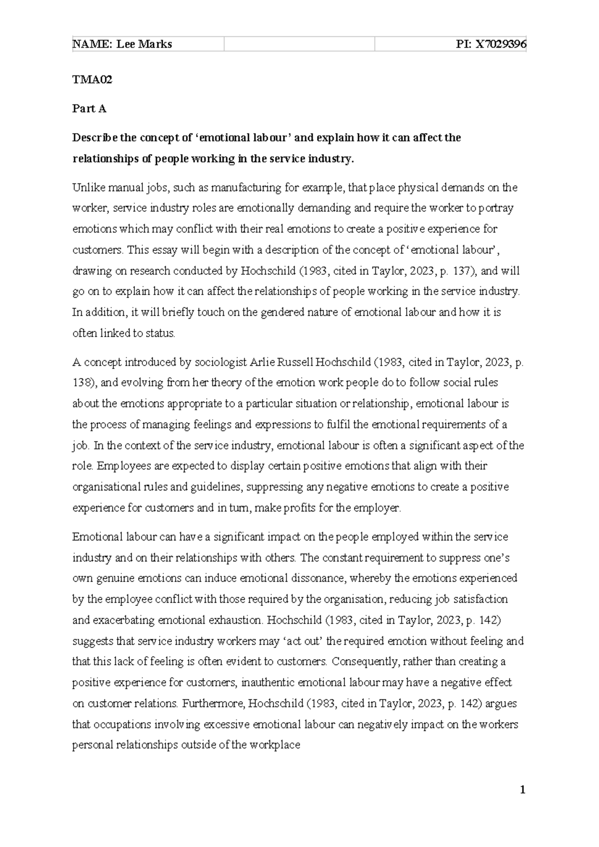 TMA02 - Understanding Emotional Labour and Its Impact on Service ...