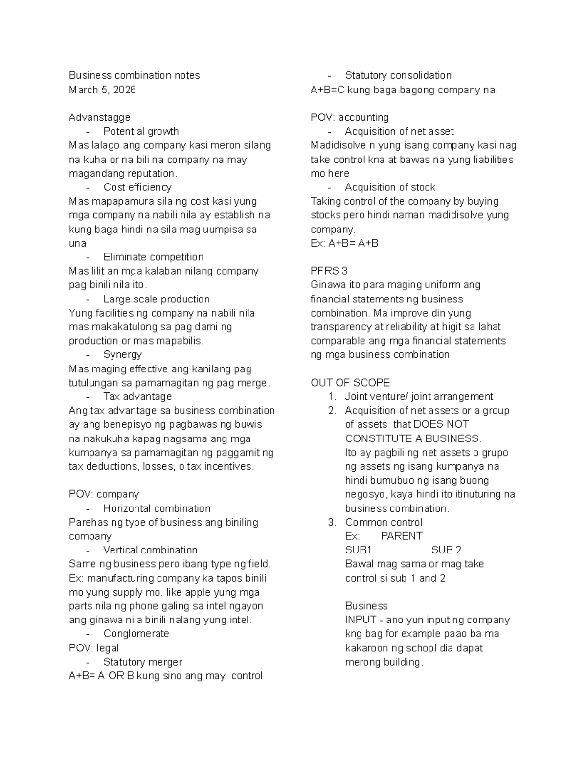 Business Combination Notes (PFRS 3) - Key Concepts and Insights - Studocu