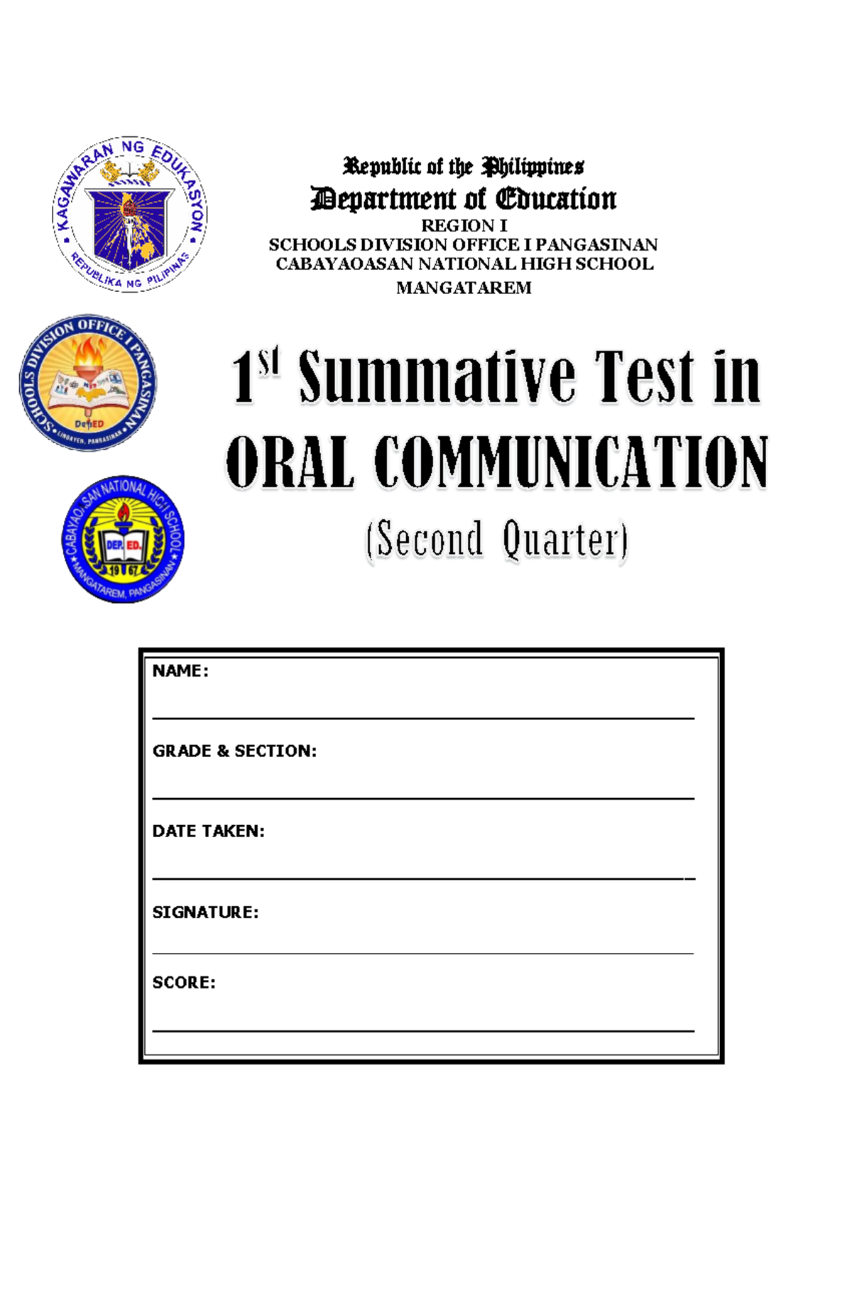 1st Summative Test for 2nd Quarter in Oral Communication - Republic of ...