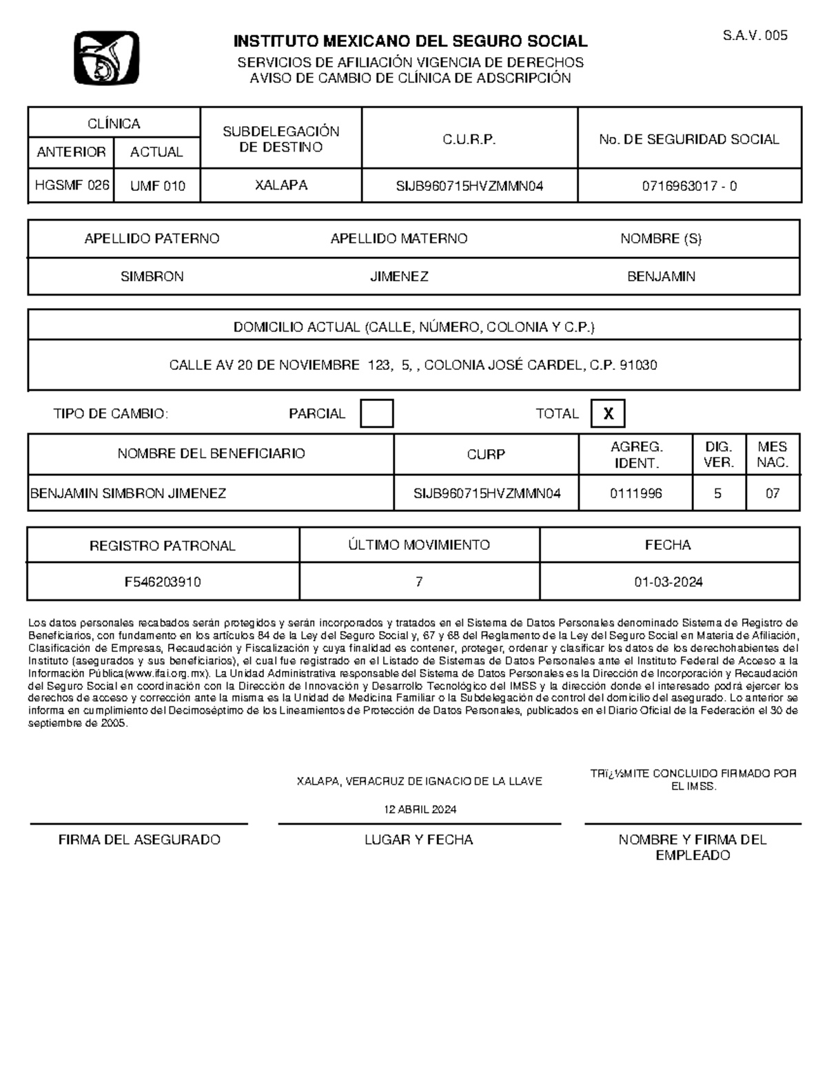 Solicitud de Cambio de Clínica de Adscripción - IMSS S.A. 005 - Document Preview