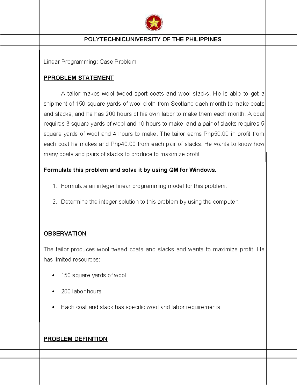 PUP Linear Programming Case Study: Tailor's Profit Maximization - Studocu