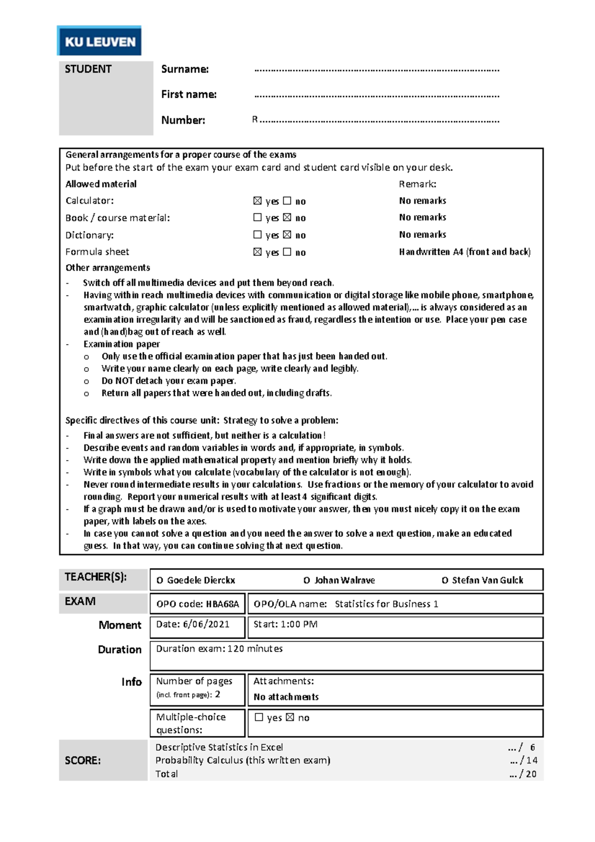Statistics 1 Final Exam Instructions and Questions KU Leuven 2021 - Studocu