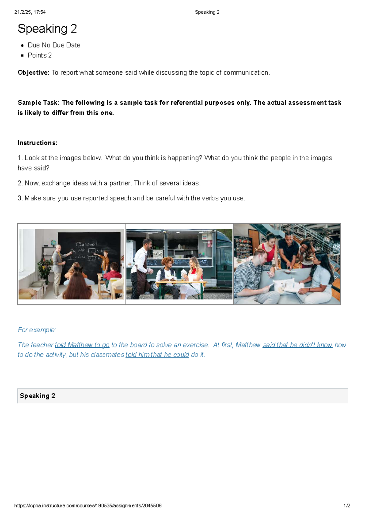 Speaking 2: Communication Reported Speech Task - Studocu