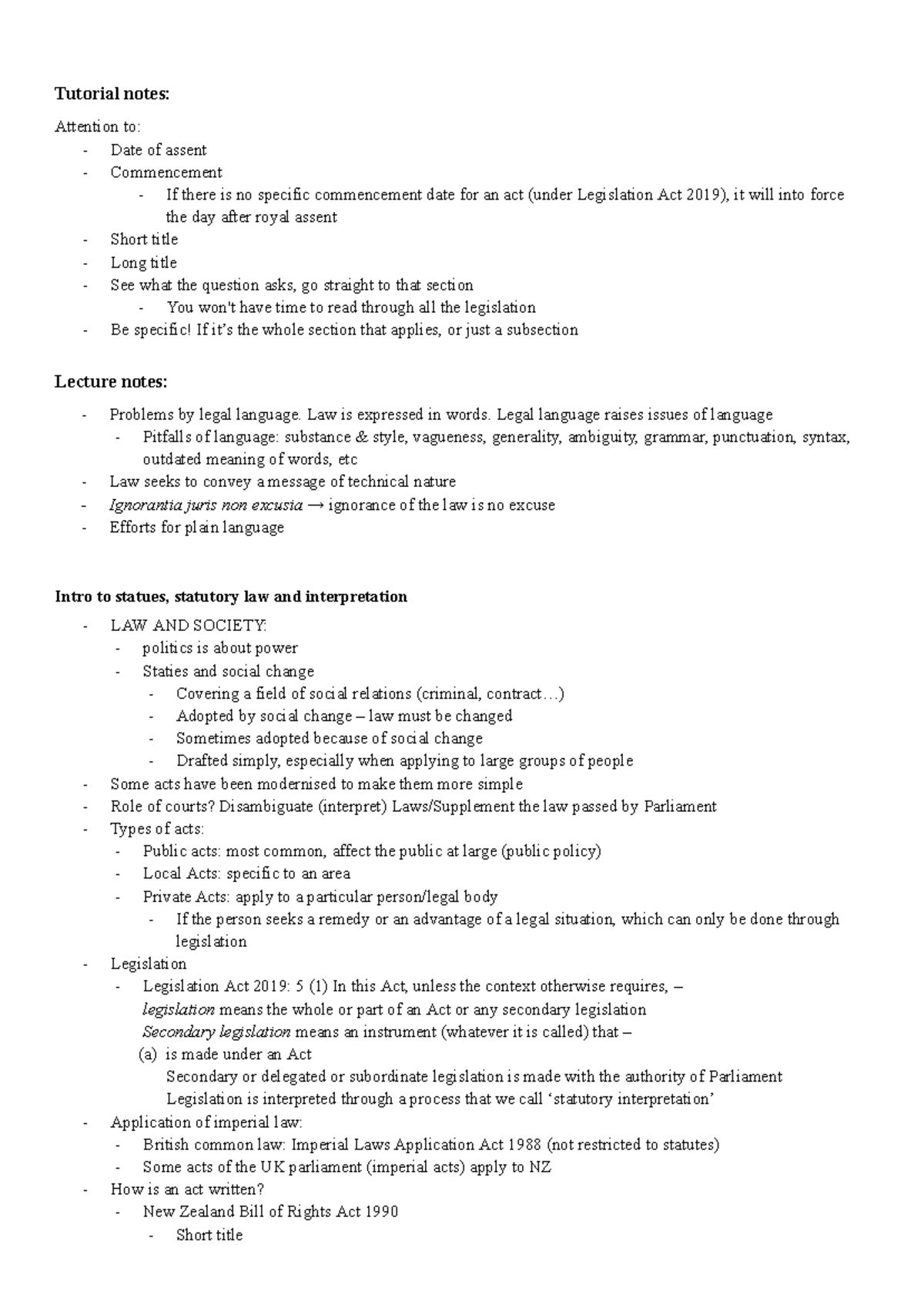 Statutory Interpretation Notes: Key Concepts and Principles (LAW 101 ...