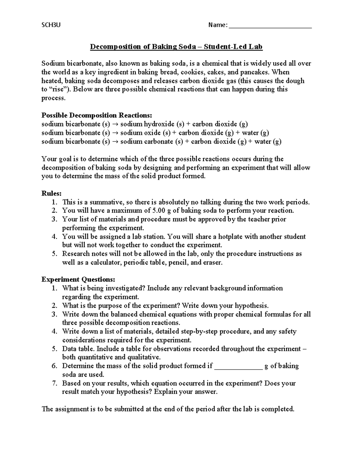 SCH3U Lab Report: Decomposition Reactions of Baking Soda - Studocu