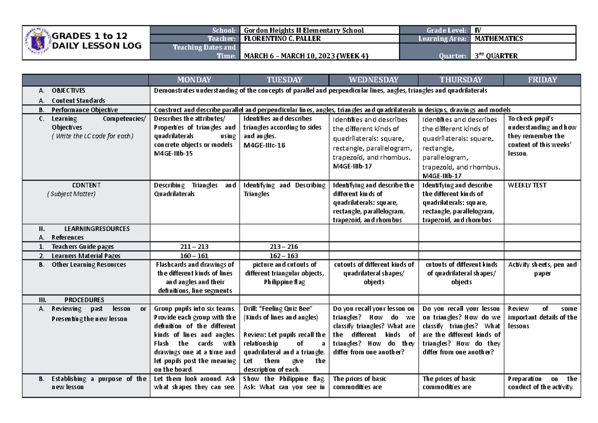DLL Mathematics 4 Q3 W4 - a guide lesson on my class - GRADES 1 to 12 ...