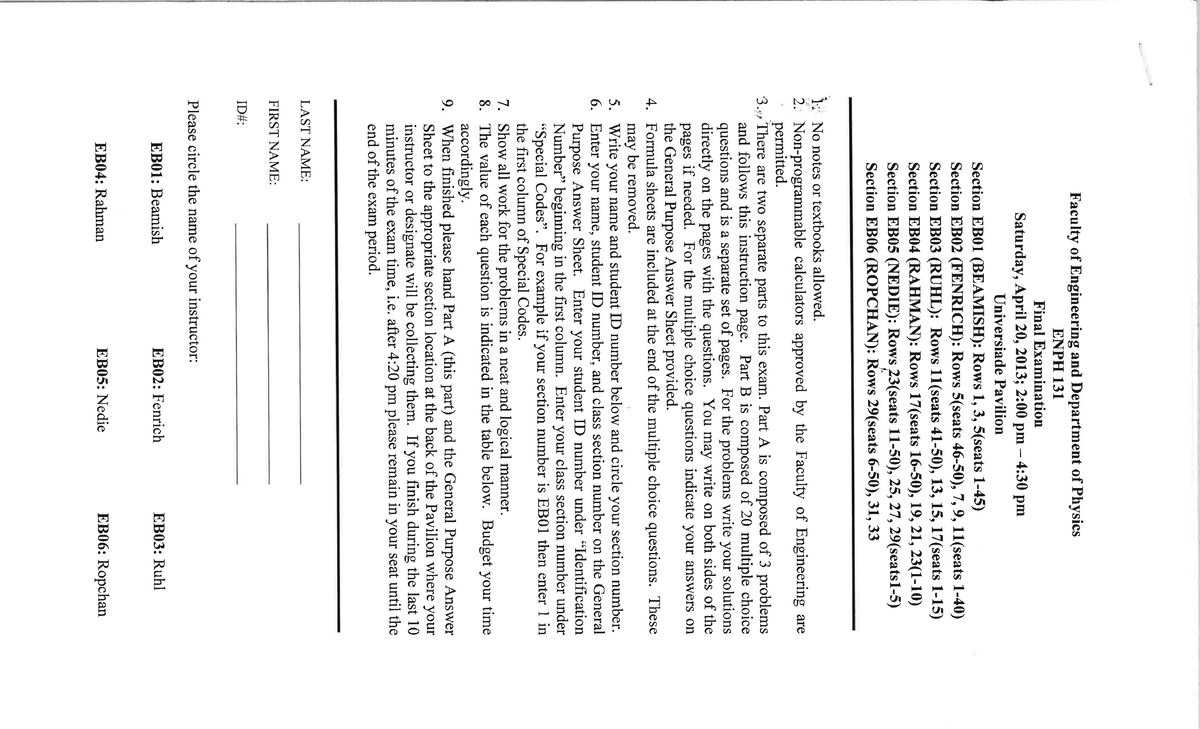 ENPH 131 W13F - Final Exam Practice Questions and Solutions - Studocu