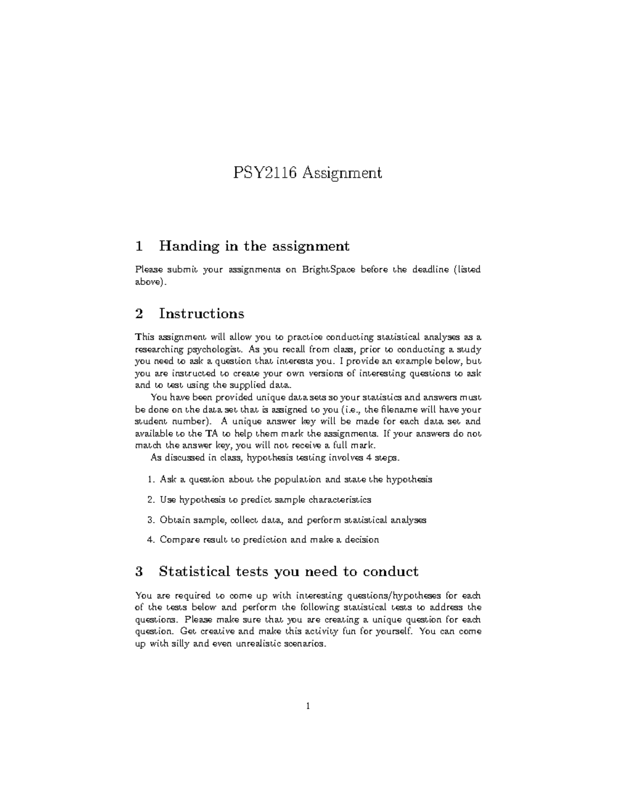 PSY2116 Assignment 1: Statistical Analysis Instructions and Guidelines ...