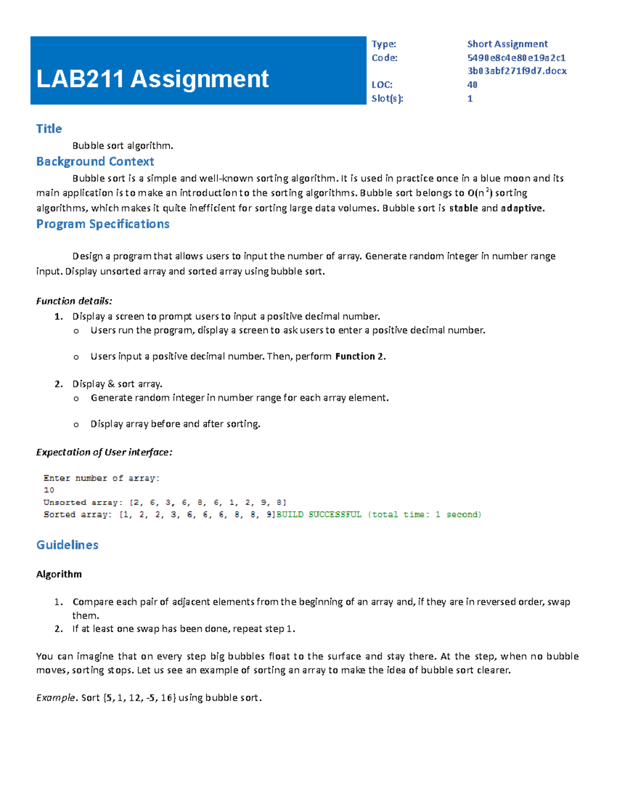 J1.S.P0001 - Bubble Sort Algorithm Short Assignment Overview - Studocu