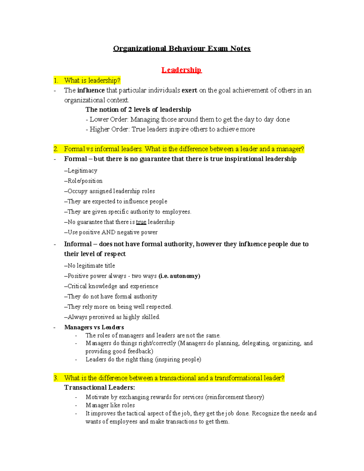 OB 101: Final Exam Notes on Organizational Behaviour and Leadership ...