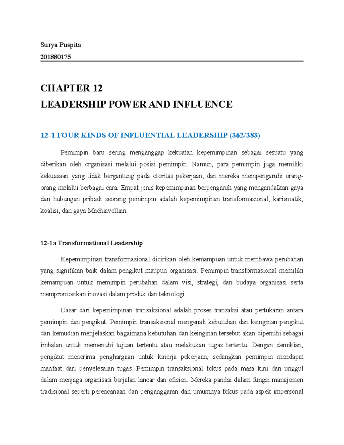 Chapter 12: Leadership Power and Influence (201880175) Notes - Studocu
